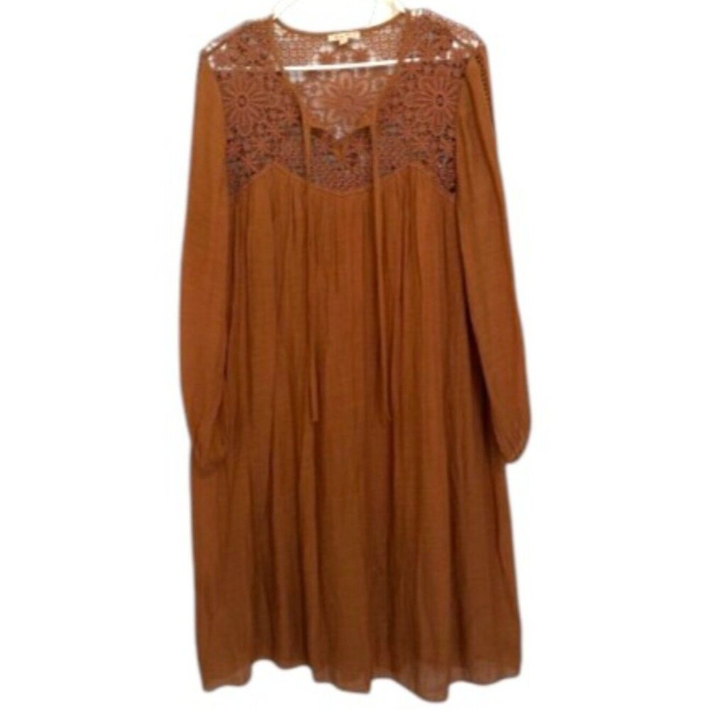 Kings Road Rust Boho Lace Yoke Long Sleeve Peasant Dress Tunic - Size L - Picture 2 of 8